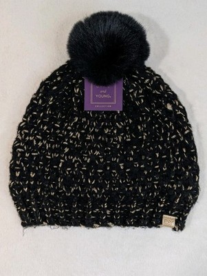 David & Young Black Knit Beanie Gold Metallic Faux Fur Pom Winter Hat NWT