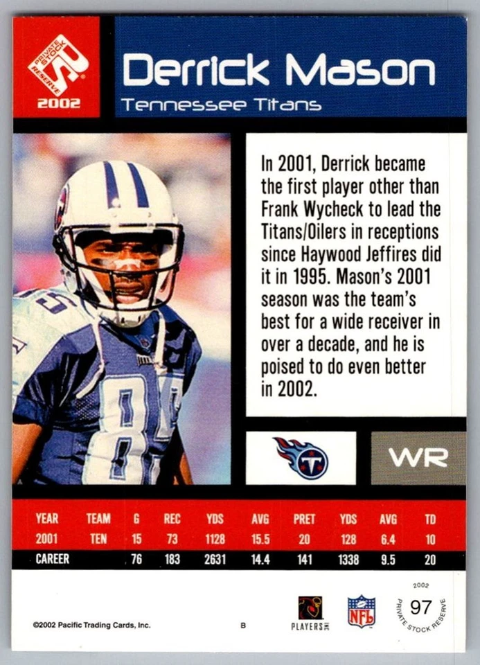 2002 Pacific Red Derrick Mason Tennessee Titans #275 - Image 2 of 2