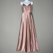 Birdy Grey Womens Dress XS Pink Shiny Satin V-Neck Gown Bridesmaid Side Slit
