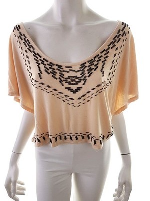 2B BEBE Damen Bauchfreie Bluse Gr. M Beige Kurzer Ärmel Perlen U-Ausschnitt