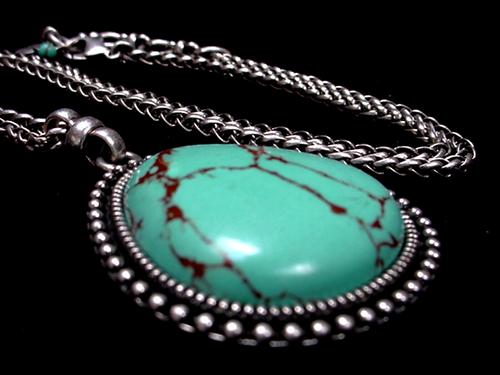LUCKY BRAND SOUTHWEST STYLE NECKLACE FAUX TURQUOISE STONE PENDANT 21" CHAIN - Picture 3 of 4