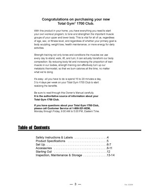 Total Gym 1700 Club Replacement Owners Manual User Guide