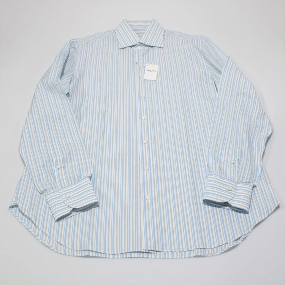 Camisa de vestir Cesare Attolini nueva con etiquetas talla 44 17,5 azul/verde/blanco rayas mezcla de lino Foto 2 de 4