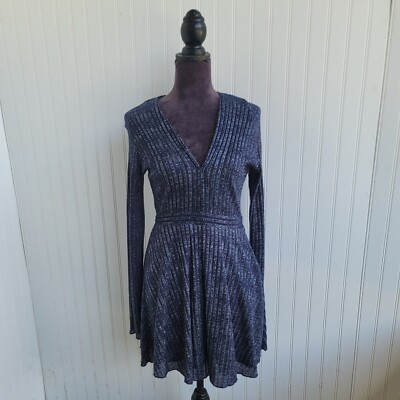 ZARA Womens Navy BLUE Silver Metallic KNIT V-NECK Mink DRESS Long Sleeve Sz  M | eBay