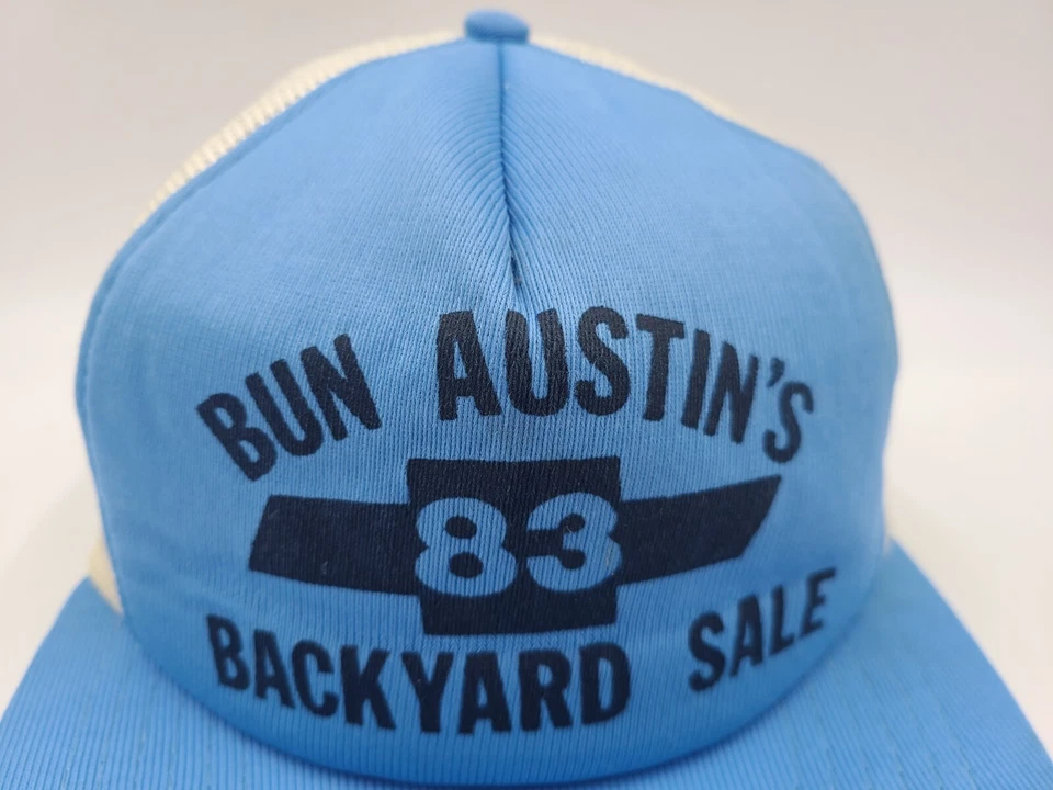 Gorra gorra de malla vintage Bun Austin Chevrolet 1983 patio trasero venta concesionario Foto 4 de 4
