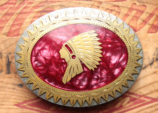 Vtg Johnson Held Handmade Indian Chief Mother of Pearl Inlay Western Belt Buckle