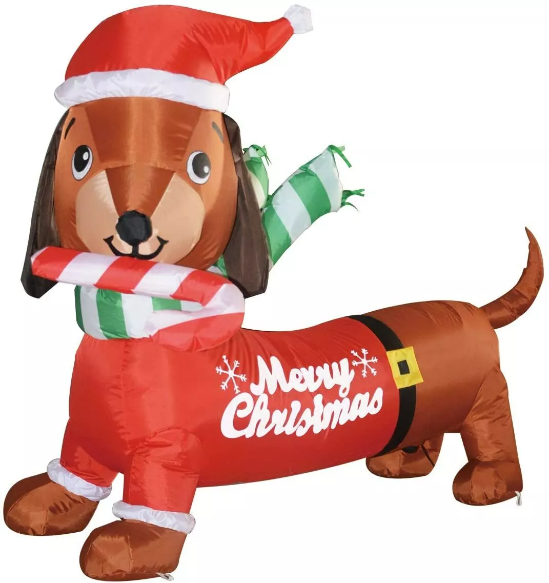 5 feet Long Inflatable Dachshund wearing santa suit Blow Up Yard Decoration