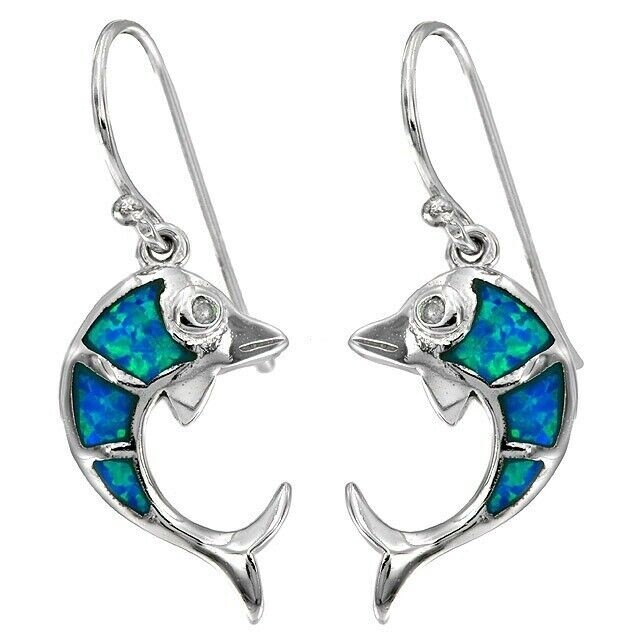 Fish Australian Opal Inlay with Topaz 925 Sterling Silver Earrings OE3
