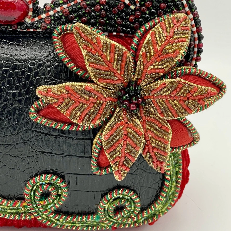 Mary Frances Christmas Holiday Party Poinsettia Beaded Red Velvet Purse Handbag - Image 2 of 4
