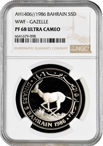 Bahrain 5 dinars 1986, NGC PF68 UC, "World Wildlife Fund - Gazelle" silver coin