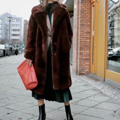 £120 Mango faux fur chocolate brown coat with floral lining XS