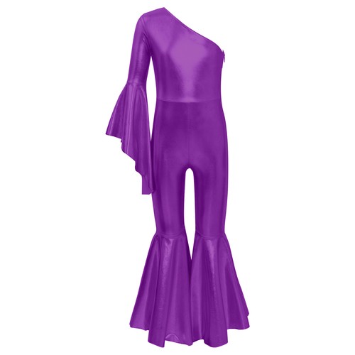 Kids Girls Romper Flare Sleeve Bodysuit One Shoulder Dance Jumpsuit Full Body - Picture 38 of 94