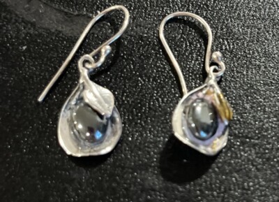 Vintage Sterling Silver -Hematite Earrings Dangle Hallmark  Marked 925~1 1/4 