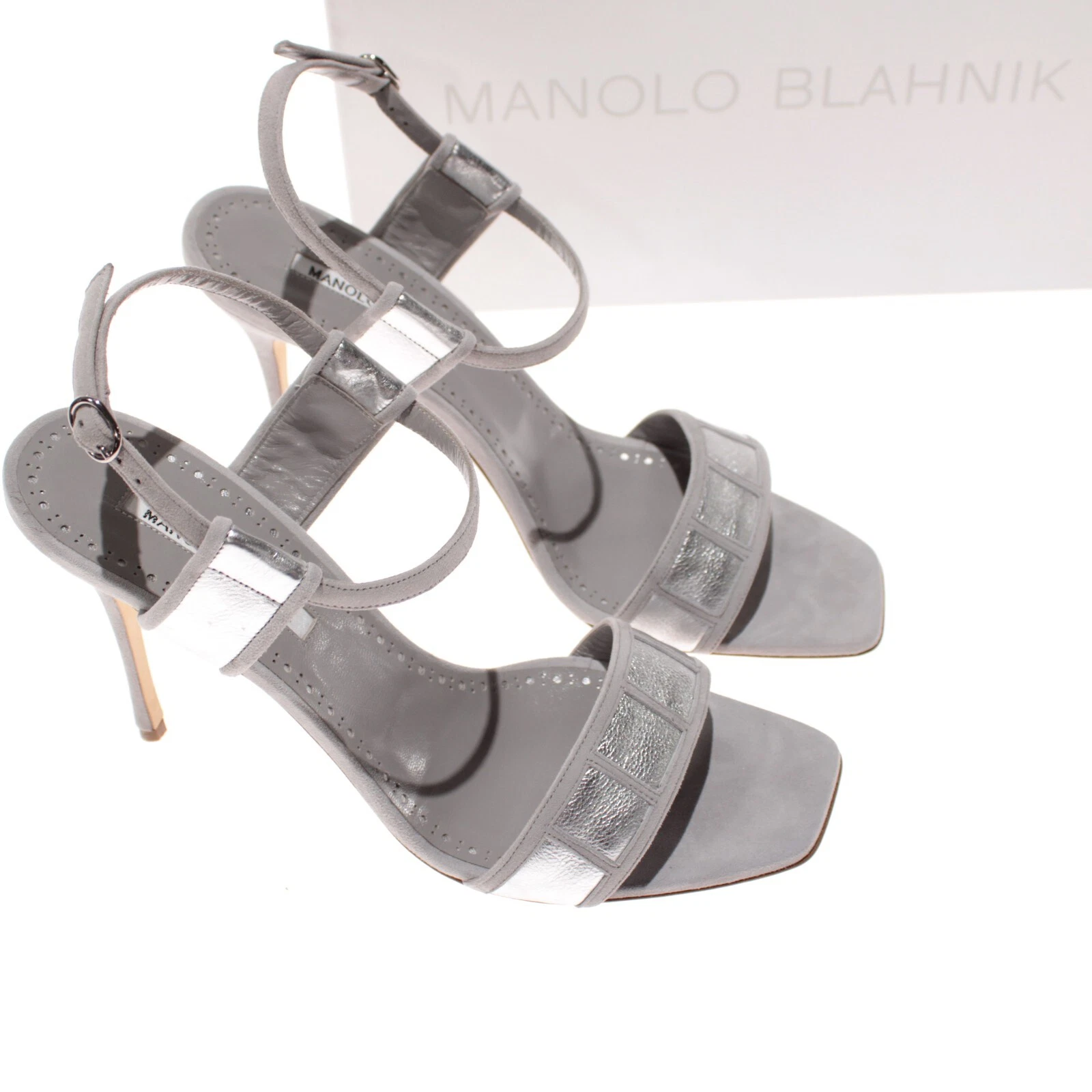 MBT Sandali Pitona Manolo Blahnik nuovi con scatola taglia 40 5 10 5 US in argento metallizzato