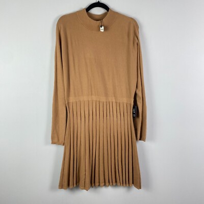 Express Pleated Open Back Long Sleeve Sweater Dress Size XL Tan Mock Neck