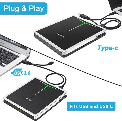 External CD DVD Drive, USB 3.0 USB-C CD/DVD+/-RW Burner Writer Portable CD ROM - Picture 5 of 9