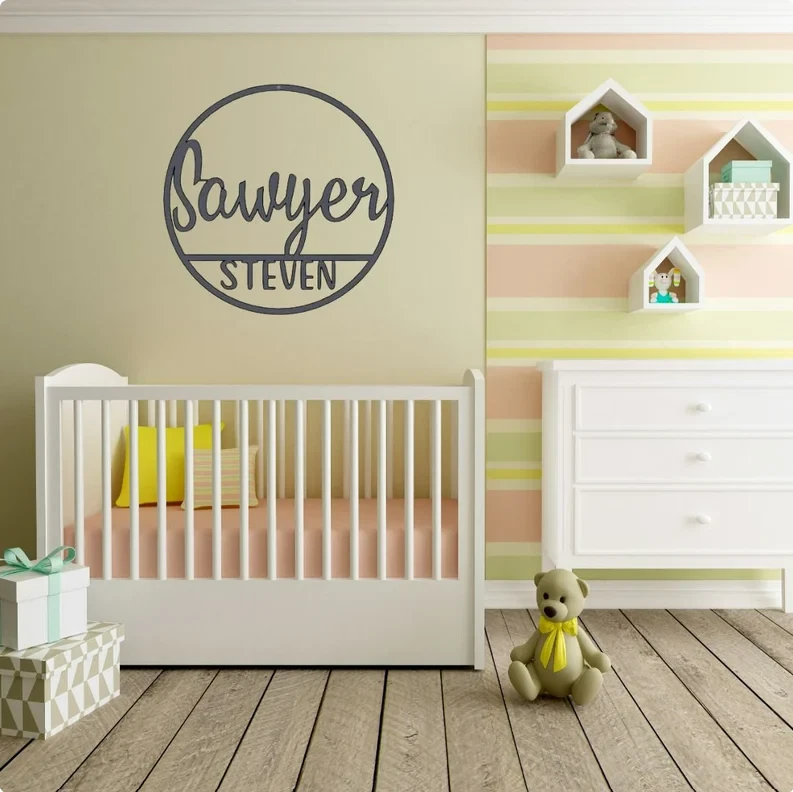 PERSONALIZADO Bebé Guardería Metal Nombre Signo Personalizado Recién Nacido Cuna Redonda Decoración de Pared Foto 2 de 4