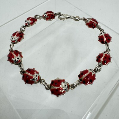 Vintage ATI NIEDLICH ROT EMAILLE STERLINGSILBER AUFGEBLÄHTER MARIENKÄFER KETTE GLIEDERARMBAND 7''