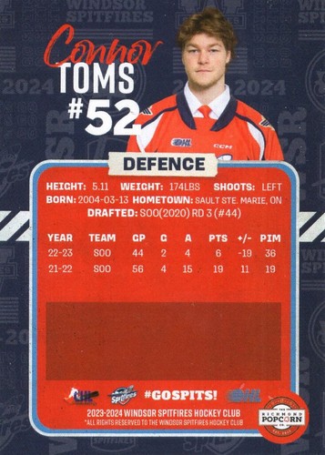 2023/24 Windsor Spitfires - CONNOR TOMS - Picture 2 of 2
