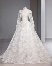 Luxury Lace Appliques Wedding Dresses High Neck Long Sleeves A Line Bridal Gowns