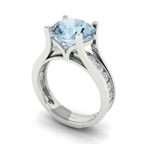 3.39Ct Natural Swiss Blue Topaz Round Cut 14K/18K Gold Wedding Bridal Ring set - Picture 2 of 20