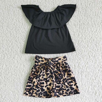 Girls Black Top Leopard Shorts Set 2pcs Summer Outfit