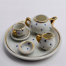 Vintage Miniature Doll House 6 Piece Kid China Porcelain Tea Plates Polka Trinke
