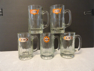 Vintage A&W AW Root Beer Dimpled Glass Mugs  SET OF 5 Heavy Steins 6'' Americana