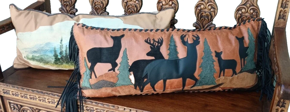 Pair Leather Pillows with Fringed Deer & Hand Painted Mountain Scenes - Image 2 of 4