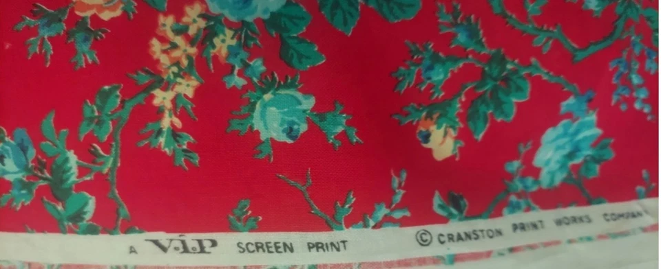 Vintage 1990 BLUE ROSES ON RED 48 In Cotton Fabric Sold by the Yard - Image 2 of 2