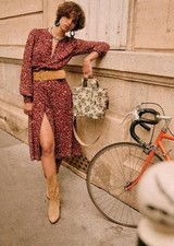 Sezane Alix Midi Dress Sheer Sleeves Button Up Red Bordeaux Floral Print 34 XS