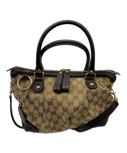 GUCCI Double Zip Canvas Handbag 2Way Shoulder Brown GG canvas 247902 From Japan