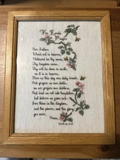 VTG Framed Counted Cross Stitch - The Lord's Prayer - Home Décor 10 x 12.5” Oak
