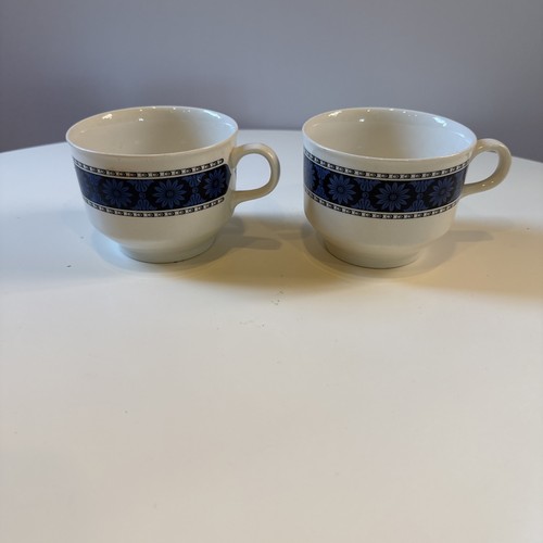Set of 2 Wedgwood Argosy Flat Coffee Cups Teacups Blue Floral on Black England
