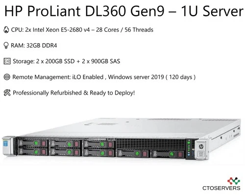 HP ProLiant DL360 Gen9 – Dual Xeon , 28 Cores , 2 x 200GB SSD + 1.8TB HDD !