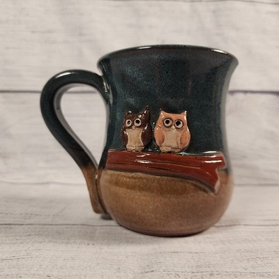 MudWorks Pottery Owl Coffee Mug Blue Brown Stoneware Artisan 3D Relief USA Made