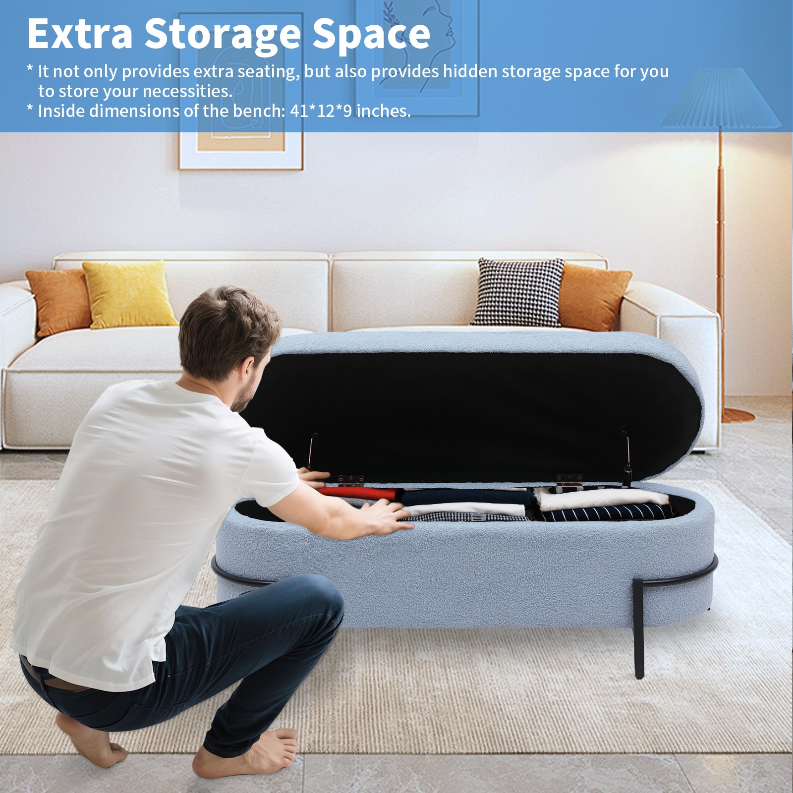 Storage Ottoman End of Bed Bench Upholstered Benches with Metal Legs Blue