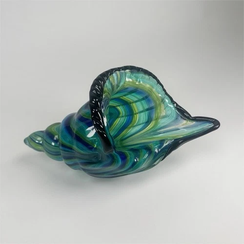 Vintage Murano Glass Conch Shell Dish Sculpture Green Blue Swirl Decorative Bowl