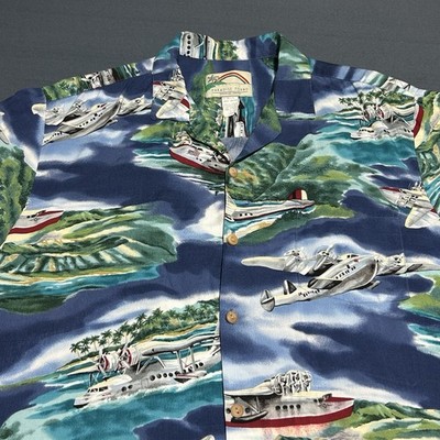 Vintage Paradise Found Sea Plane Hawaiian Shirt - Men's Large Blue Rayon Rare