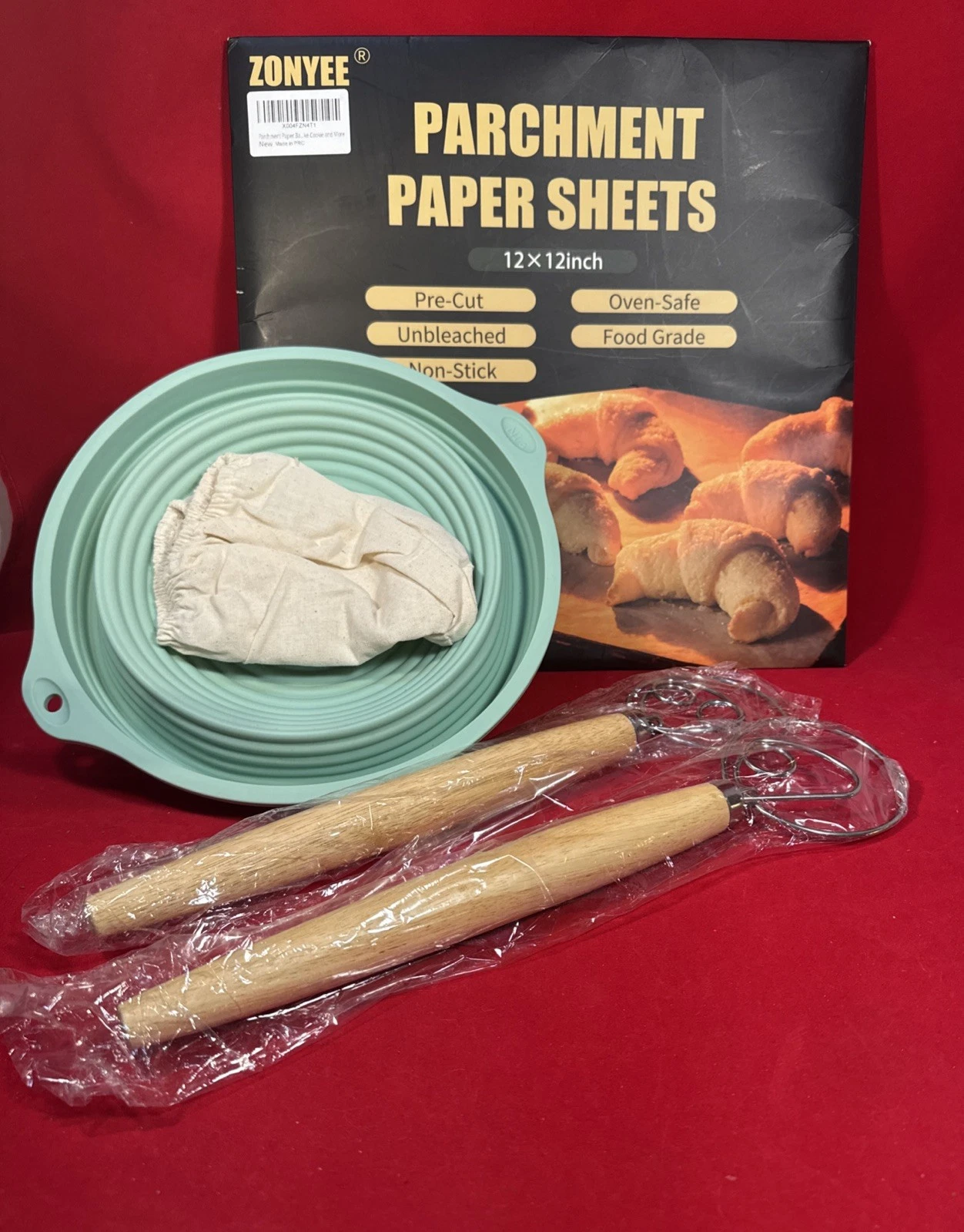 Silicone Collapsible Sour Dough Proofing Bowl 2 Mixing Whisk & Parchment Sheets