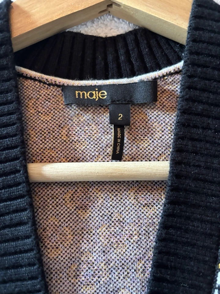 Maje Monasty Graphic Cardigan Sweater Buttons V-neck Pockets Sz 2 Urban Parisian - Image 4 of 4