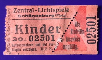 Eintrittskarte Ticket vor 1945 Kino Zentral-Lichtspiele Schönenberg Pfalz Kind