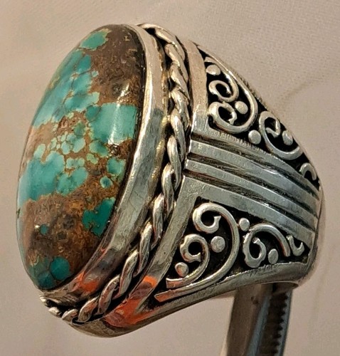 STUNNING Native American Sterling Silver Natural Turquoise Ring 9.25 Handmade AP - Picture 4 of 10