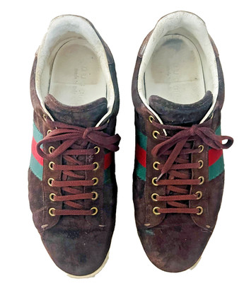Gucci Men's Brown Suede Sneakers Web Stripe Lace Up Shoes Size 9.5
