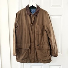 Facconable Vintage Equestrian Chore Coated Canvas Tan Coat Leather Trim Men Vtg