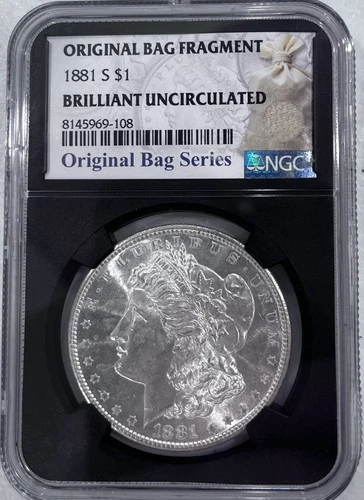 1881 S Morgan Silver Dollar NGC Brilliant Uncirculated W/ Original Bag Fragment