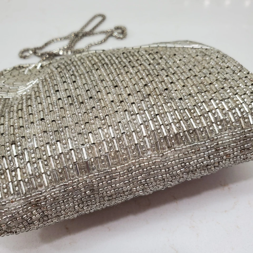 Luxury MAGID Silver Bugle Beaded Evening Bag Snake Chain Strap White Lining - Image 3 of 4