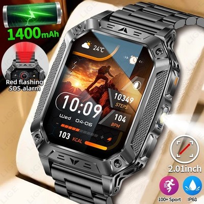 2,01'' Smartwatch Herren Bluetooth Anrufe LED Taschenlampe Herzfrequenz Fitness