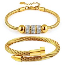 2PCS 18K Gold Plated Nail Bangle Chain Bracelet Set for Women, Adjustable S...