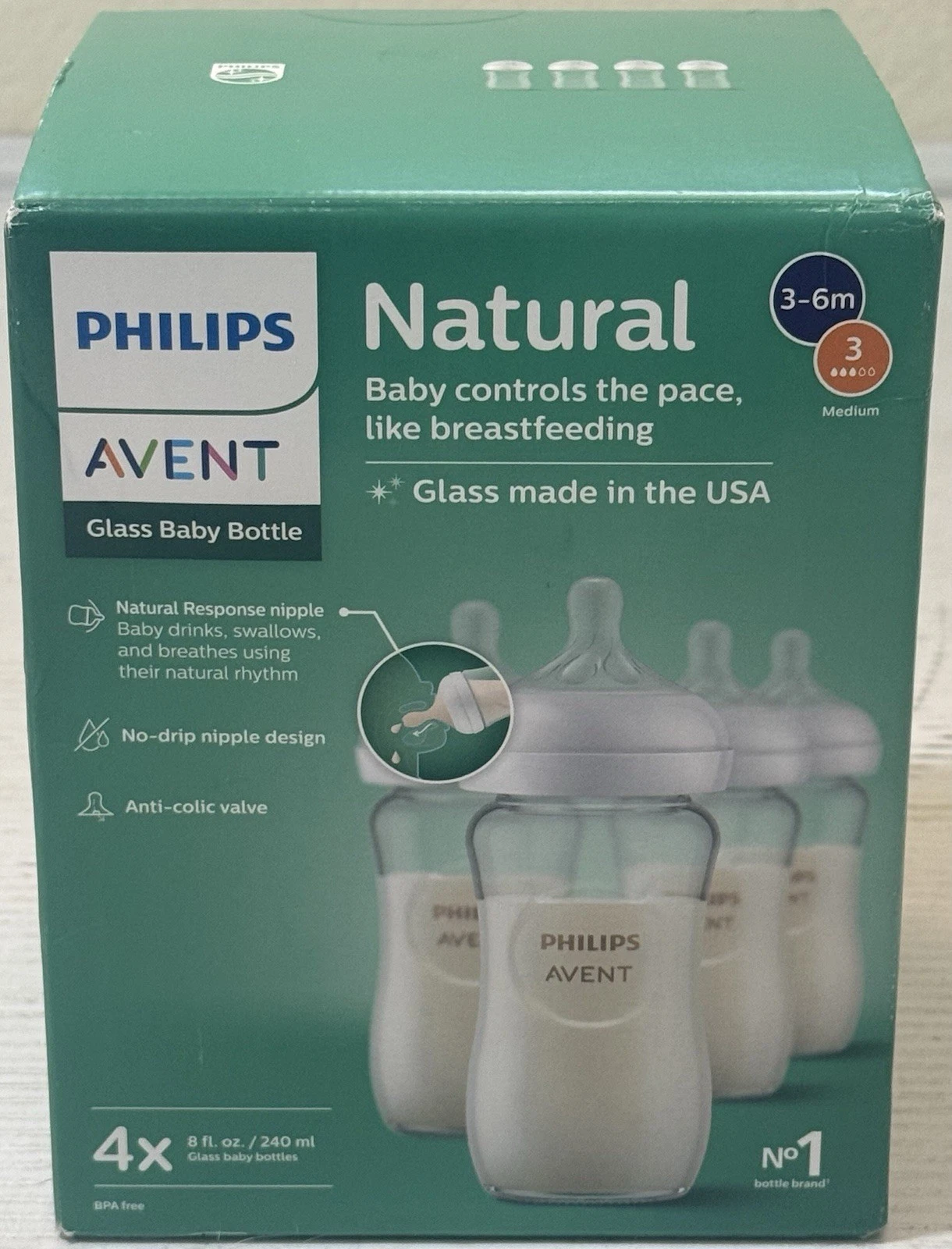 Philips Avent Natural Glass Baby Bottles 8 Ounce Pack of 4 with Anti Colic New